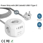 Regleta de alimentación para el hogar, enchufe europeo con 4 salidas de CA, 3 puertos USB, 1 tipo C, 2M/3M, Cable trenzado, Multi enchufe con interruptor