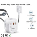 Cubo plano de tira de alimentación para el hogar, enchufe de la UE con 4 salidas de CA, 2 USB QC3.0, 1 Tipo C PD20W, carga rápida, Cable trenzado de 2M/3M